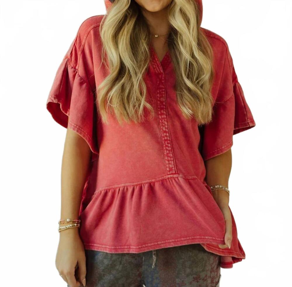NEW EASEL shea hooded ruffle short sleeve sweatshirt in boho red